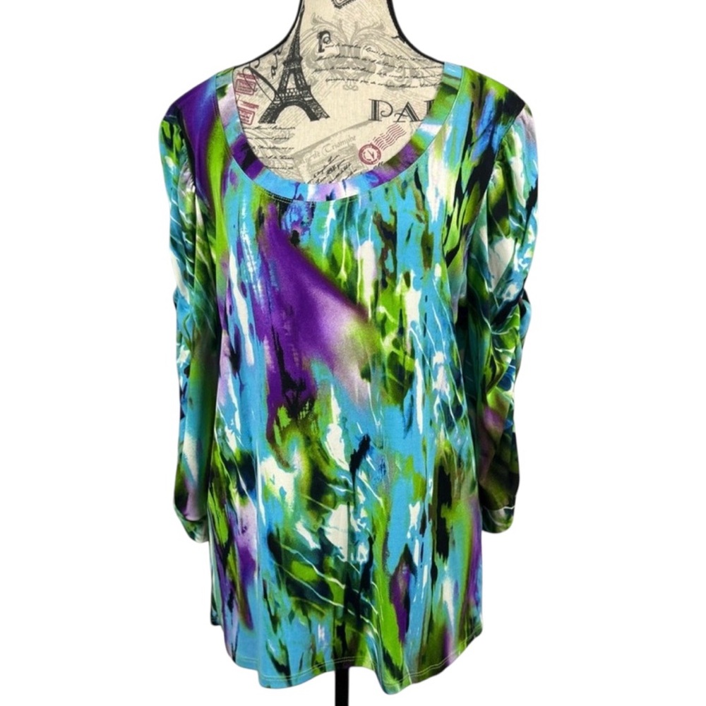 Complements Colorful Abstract Ruched Long Sleeves Women's Blouse Size L